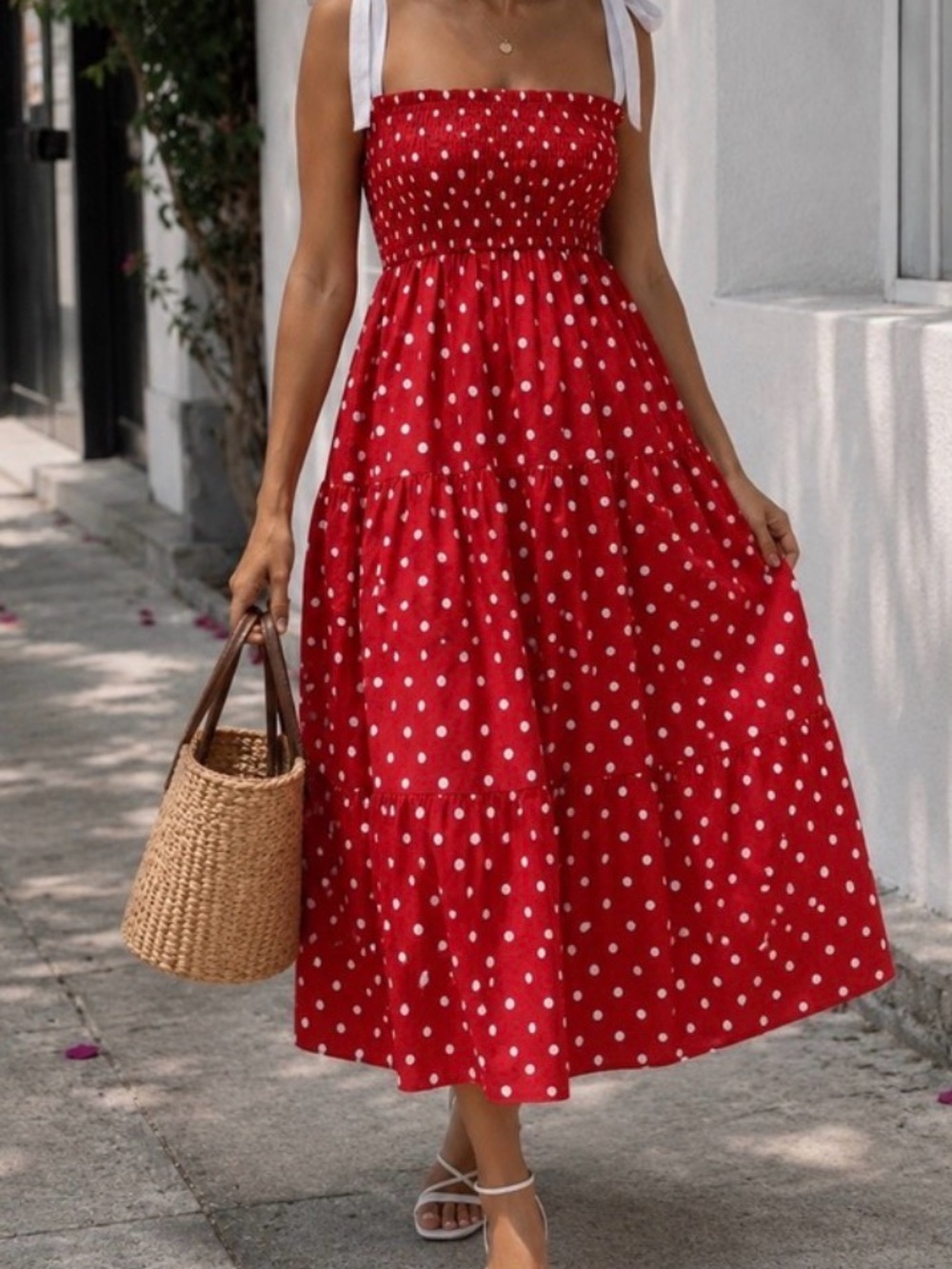 En Saison Red White Coquette Polka Dot Sheer Straps Midi Dress small